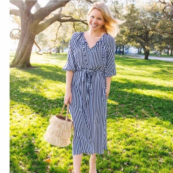MDS Stripes Blue and White Striped Garden Midi Dress - Picture 1 of 10